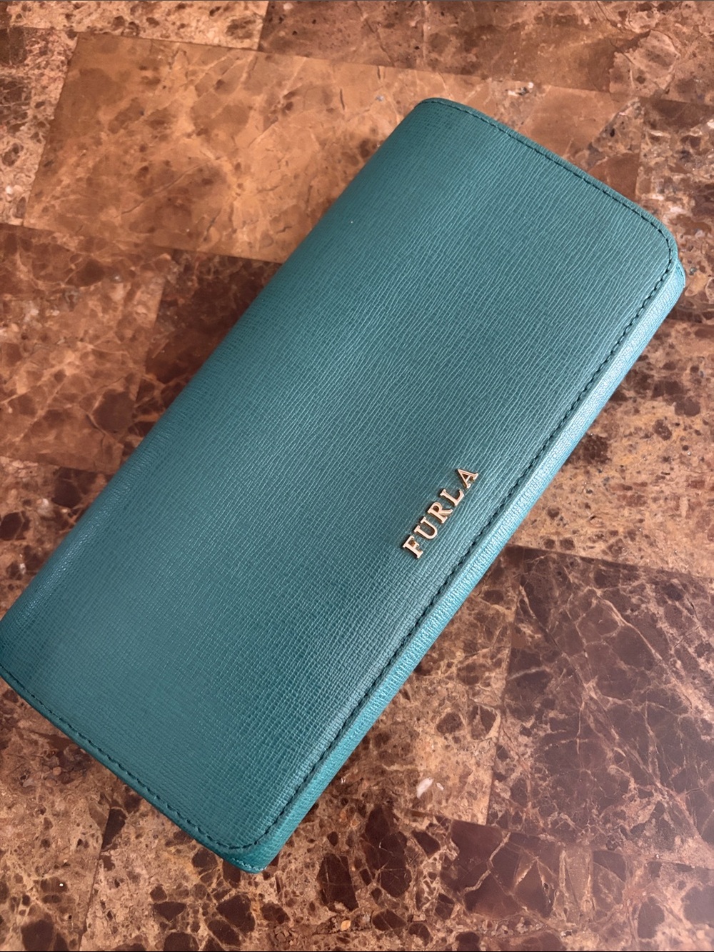 Furla Teal Saffiano-Texture Continental Wallet with Gold Logo